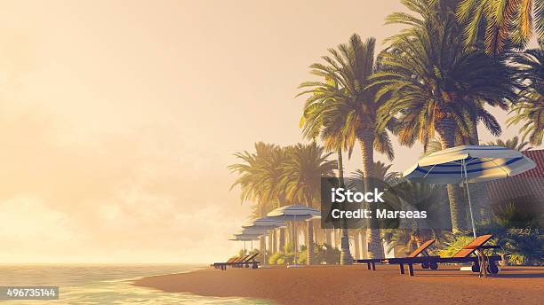 Palms Deckchairs Y Sombrillas En Una Playa Tropical Foto de stock y más banco de imágenes de Maldivas