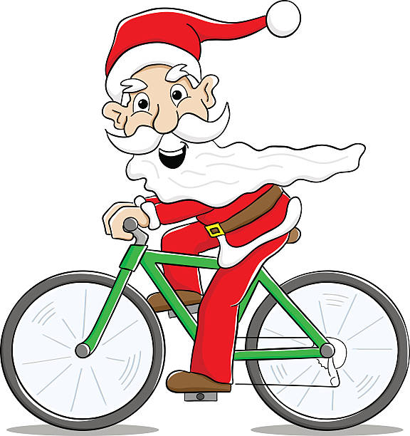 illustrations, cliparts, dessins animés et icônes de santa claus à vélo offrir des cadeaux de noël - père noel à vélo