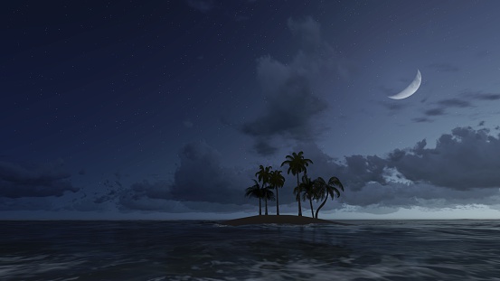 Tropical islet with a few palm trees silhouetted against night sky with a half moon. Illustration was done from my own 3D rendering file.