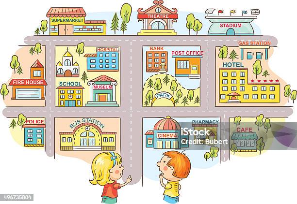 Children Asking And Telling The Way To City Buildings Stock Illustration - Download Image Now