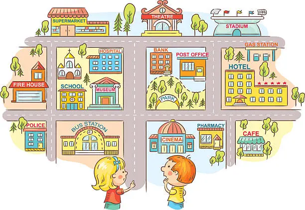 Vector illustration of Children asking and telling the way to city buildings