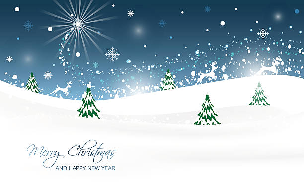 istock Christmas landscape with trees, glitter, snow and running reindeer. 496739406