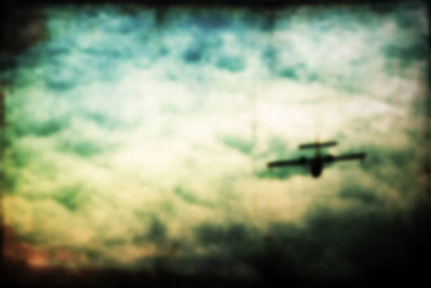 istock Blurred airplane silhouette in blurred sunset sky. 496741270