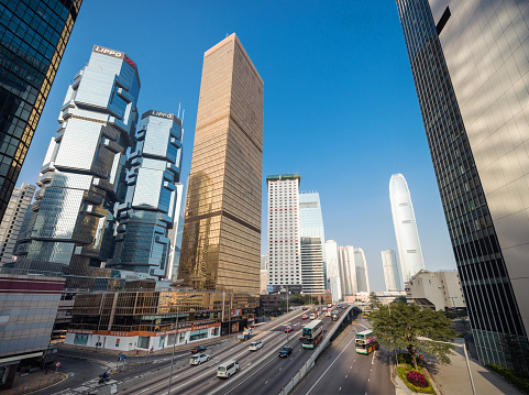 Traffic below the skyscrapers of Hong Kong Island's Admiralty district. 