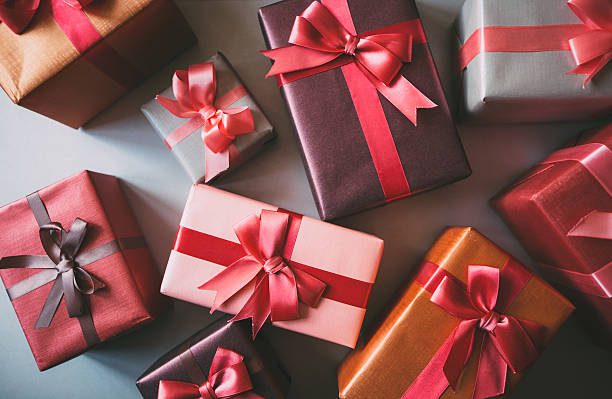 Boxes with gifts. Stylishly packaged boxes with gifts closeup. birthday present stock pictures, royalty-free photos & images