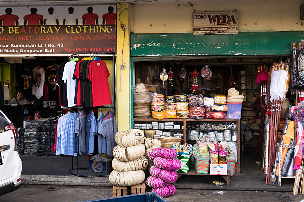 Denpasar, Bali, Indonesia - 31 October, 2015: two shops of market Pasar Kumbasari in Denpasar city.