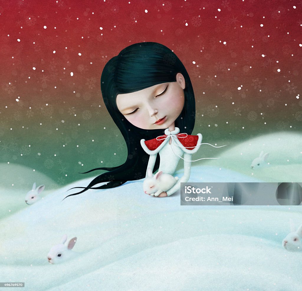 Girl and Bunny Winter illustration or poster or greeting card with little girl and bunny. Computer graphics. 2015 stock illustration