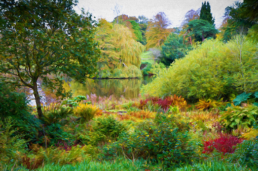 Beautiful country scene at autumn in England with a pond and rich colours illustration like oil painting