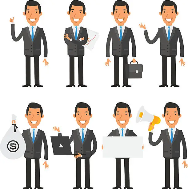 Vector illustration of Businessman in blue tie in different poses