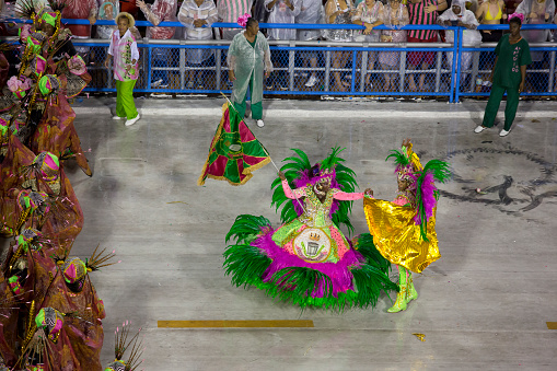 Rio de Janeiro, Brazil - February 16, 2015: Samba school Mangueira in his presentation show at Sambodrome, Rio de Janeiro carnival. This is one of the most waited big event in town and attracts thousands of tourists from all over the world. The parade is happenning in two consecutive days and the samba schools are always trying their best to impress the judges.