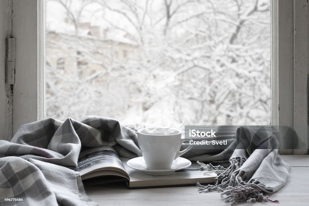 Cozy winter still life Cozy winter still life: cup of hot coffee and opened book with warm plaid on vintage windowsill against snow landscape from outside. Winter Stock Photo