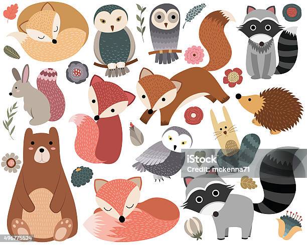 Ilustración de Bosque Woodland Los Animales Y Elementos De Diseño y más Vectores Libres de Derechos de Animal - Animal, Monada, Búho