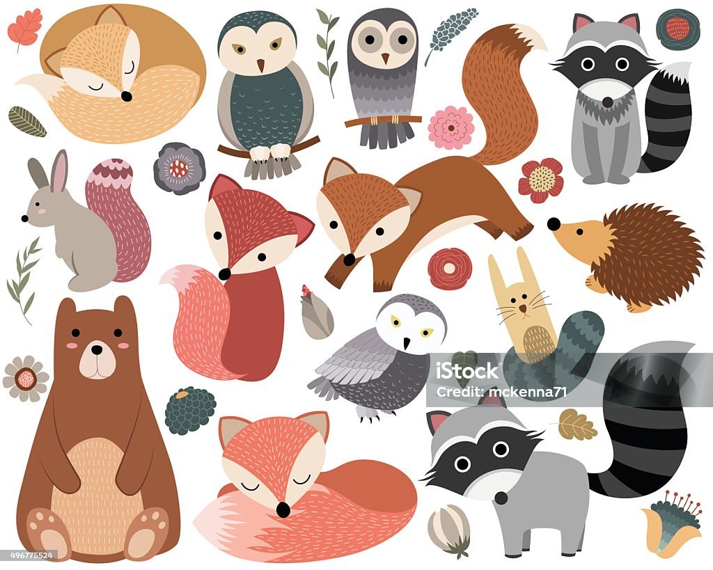 Woodland Animals and Forest Design Elements Vector set of cute woodland animals and design elements. Animal stock vector