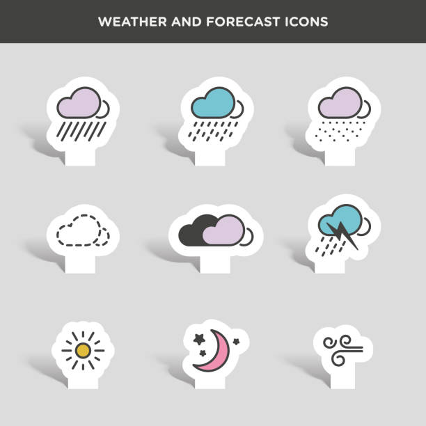 illustrazioni stock, clip art, cartoni animati e icone di tendenza di grafica vettoriale di set di icone di clima e previsioni - plan c