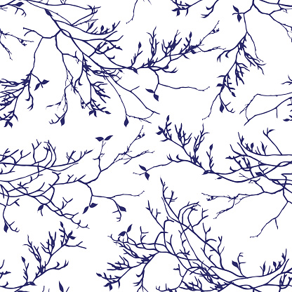 Navy tree branches on white seamless vector pattern