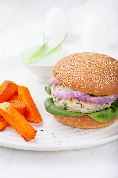 istock Turkey burger with spinach,onion Roasted sweet potato, batat 496776070