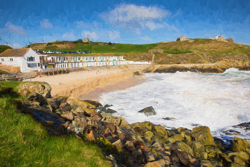 Porthgwidden beach St Ives Cornwall England with colourful beach huts, waves and blue sea and sky illustration like oil painting