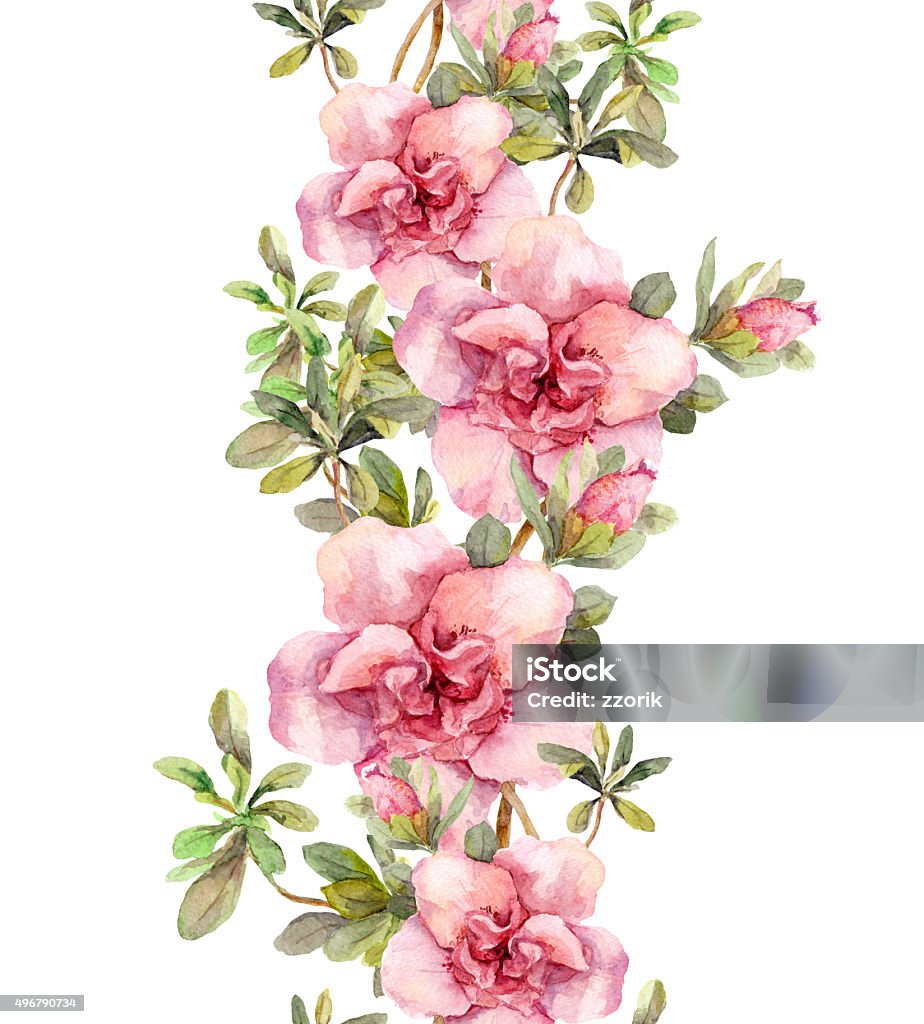 Floral seamless watercolor frame border with pink flowers. Aquare Blooming pink flowers. Seamless vintage floral pattern. Watercolor retro design and natural background  Pink Color stock illustration