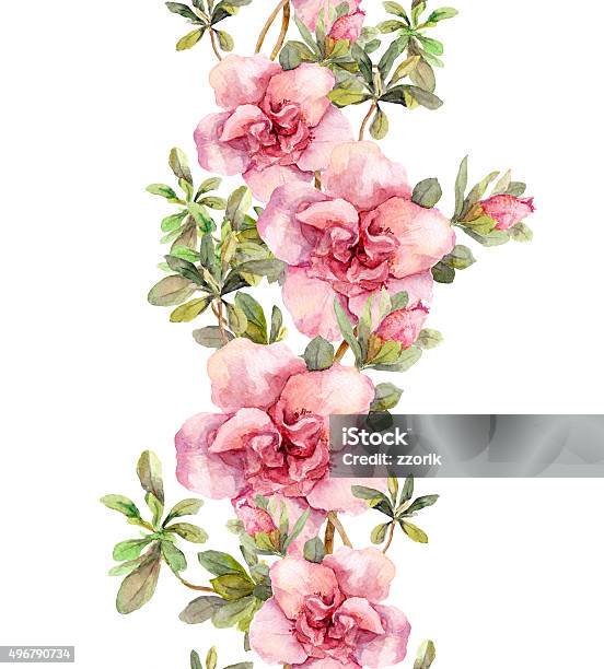 Floral Seamless Watercolor Frame Border With Pink Flowers Aquare Stock Illustration - Download Image Now
