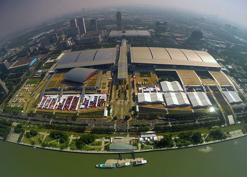 Guangzhou, Сhina - October 17, 2015: General view of China Import And Export Fair also known as Canton Fair witch started two days ago in Guangzhou, Guangdong province, October 17, 2015. The Canton Fair is a trade fair held in the spring and autumn seasons each year, and it's the largest trade fair in China.