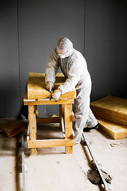 worker cutting fiberglass insulation man in protective clothing and face mask cuts the glass wool for insulation of walls in an unfinished building winterizing stock pictures, royalty-free photos & images