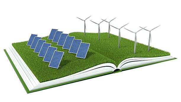 istock Solar Panel and wind turbine with green grass on book 496794945