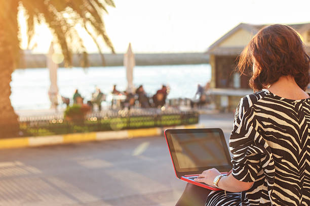 istock Young woman using a computer against the Bosphorus sea,Istanbul 496795718