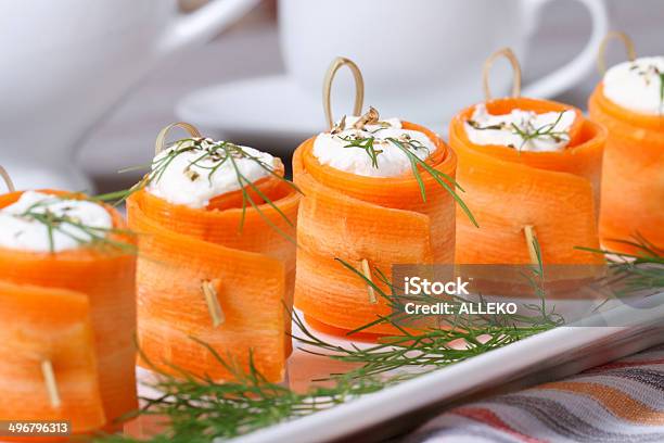 Appetizer Of Fresh Carrot Rolls With Cream Cheese Stock Photo - Download Image Now - Appetizer, Asian and Indian Ethnicities, Banquet