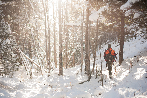 Male Hunter Walking through snowy forest backlit by sunshine