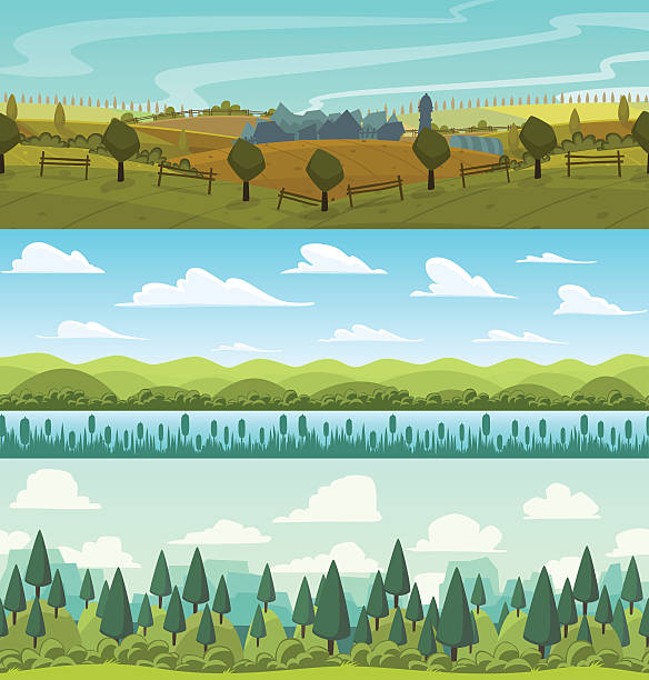 ilustrações de stock, clip art, desenhos animados e ícones de vector paisagem fogo sem costura vertical fundo conjunto. - nature backgrounds video