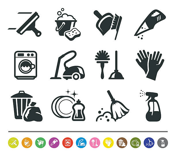 Cleaning icons | siprocon collection A set of 12 professional cleaning icons. bucket and sponge stock illustrations