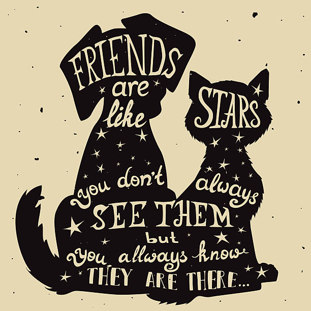 Cat and dog friends grungy card Friendship Day with quote. Cat and dog friends grungy card for Friendship Day with quote. Lettering greeting cards for all holidays series. forever friends stock illustrations