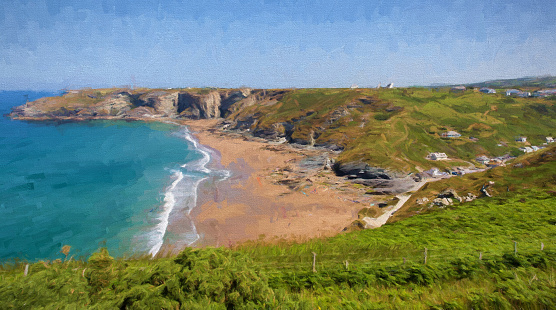 Trebarwith Strand beach Cornwall near Tintagel England UK illustration like oil painting
