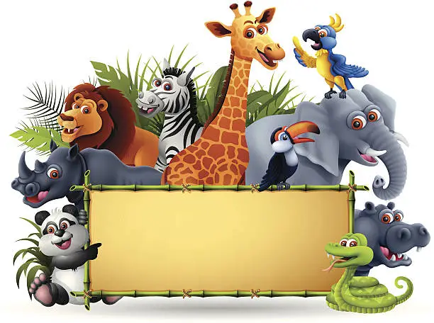 Vector illustration of Wild Animals with Bamboo Banner
