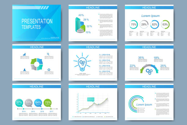 Blue set of vector templates for presentation slides. Modern business Blue set of vector templates for presentation slides. Modern business design with graph and charts. presentation templates stock illustrations