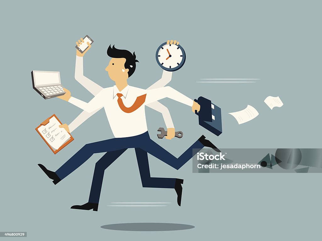 Very busy business Businessman running in a hurry with many hands holding time, smart phone, laptop, wrench, papernote and briefcase, business concept in very busy or a lot of work to do. Busy stock vector