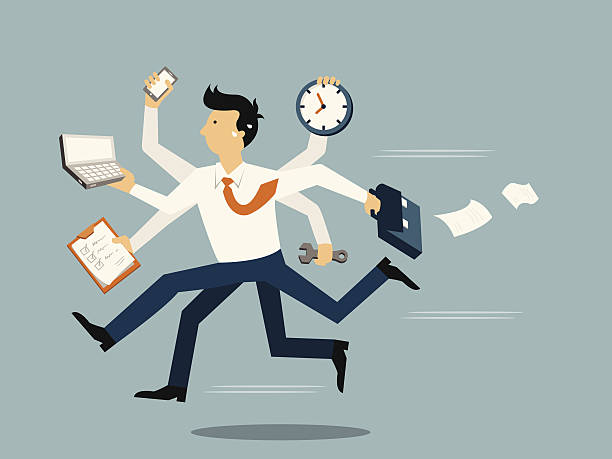 Very busy business Businessman running in a hurry with many hands holding time, smart phone, laptop, wrench, papernote and briefcase, business concept in very busy or a lot of work to do. working hard stock illustrations