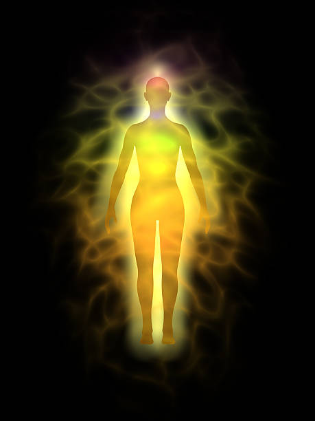 Human aura and chakras - woman Picture of human aura. Theme of healing energy, connection between the body and soul. aura stock pictures, royalty-free photos & images