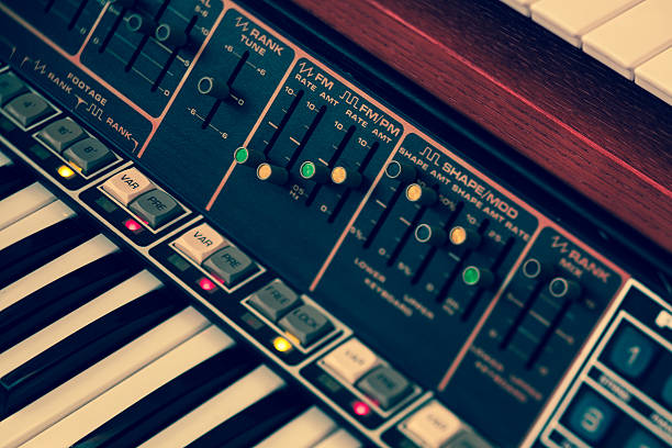 Vintage synthesizer keyboard musical instrument Abstract toned image of vintage synthesizer keyboard musical instrument. Selective focus and tilt. sound mixer photos stock pictures, royalty-free photos & images