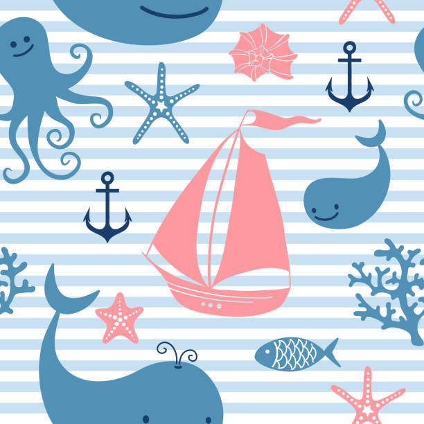 illustrations, cliparts, dessins animés et icônes de motif sans couture avec mignon des baleines, la voile. - nautical vessel fishing child image