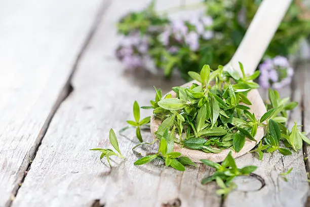 Portion of fresh Winter Savory (close-up shot) on a cooking spoon
