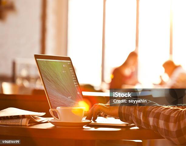 Laptop Hands Sun Light Stock Photo - Download Image Now - Laptop, Bar - Drink Establishment, Coffee Shop