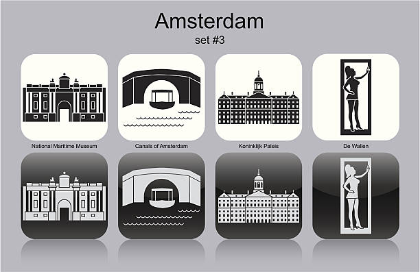 Icons of Amsterdam Landmarks of Amsterdam. Set of monochrome icons. Editable vector illustration. wellen stock illustrations