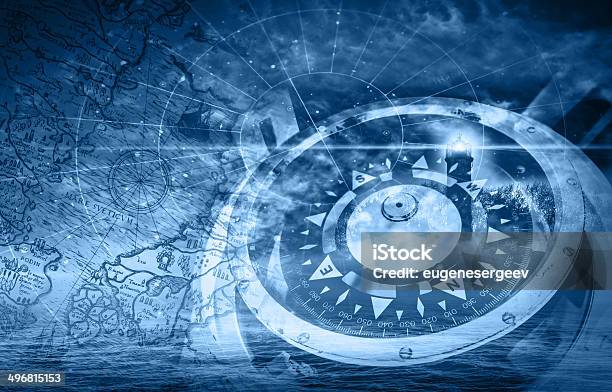 Blue Ships Navigation Illustration With Compass Lighthouse And Stock Photo - Download Image Now