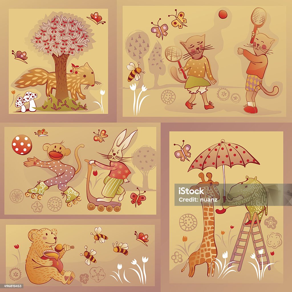 set of five illustrations of wildlife characters in funny situations set of five drawings of doodle characters having fun - cat couple playing tennis, fox hiding behind a cherry tree, giraffe and rhinoceros sharing an umbrella, bear eating honey, skater monkey playing with a rabbit Activity stock vector