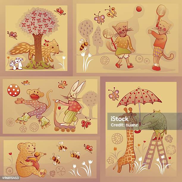Set Of Five Illustrations Of Wildlife Characters In Funny Situations Stock Illustration - Download Image Now
