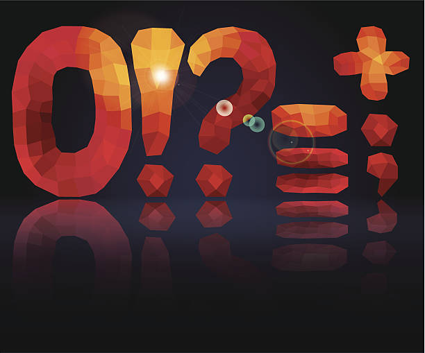 Multicolor polygons numbers 0 and marks with mirror reflection Multicolor Triangles-polygons numbers 0 and marks on volume Dark background.The effect of mirror reflection,glow.Hot colors. The vector. bright red and yellow triangle exclamation mark stock illustrations