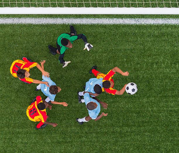 School soccer match, young boys, 8-9 years old, aerial view.