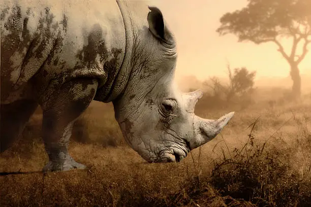 rhino is eating in the savannah at sunset time