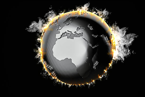 bruciando terra globo. 3 d illustrazione - judgement day earth space ozone layer foto e immagini stock